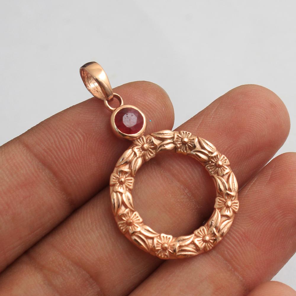 Lab Created Ruby Rose Gold Plated Pendant Earring 925 Sterling Silver Handmade Women Jewelry