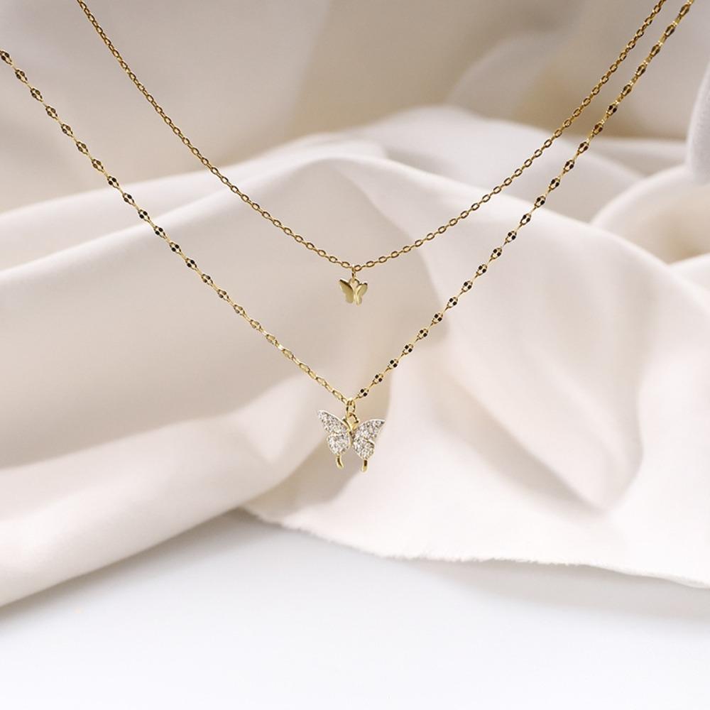 Sterling Silver Double-layer Butterfly Necklace Female Niche Cold Wind Sterling Silver Stacked Collarbone Chain