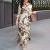 Women Casual Turn Down Collar Loose 3/4 Sleeve Print Long Dress