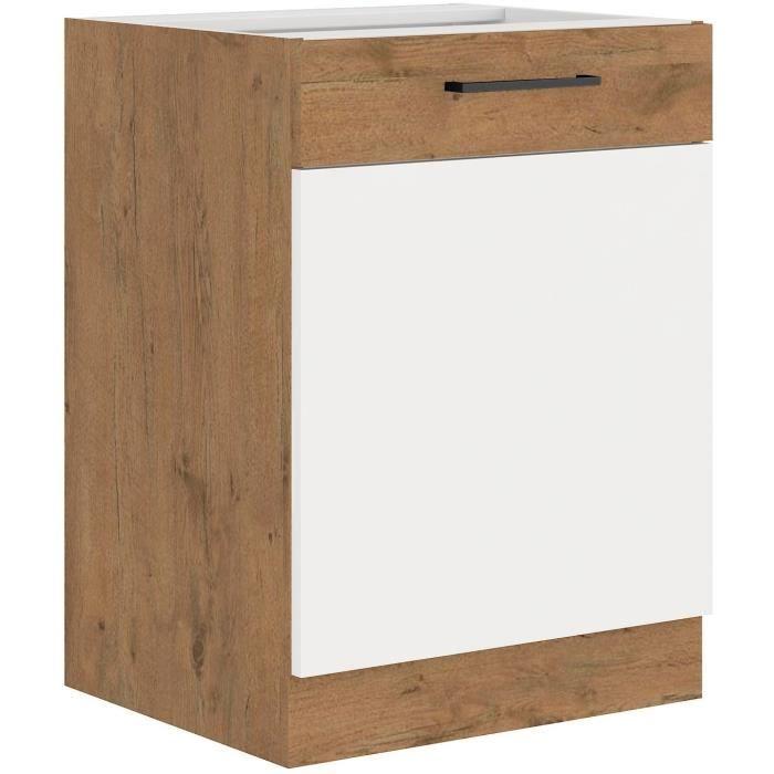 ROCK - Meuble bas - Mélaminé chêne Lancelot et Blanc brillant - 60 cm - 1 porte battante - Plan de travail non inclus