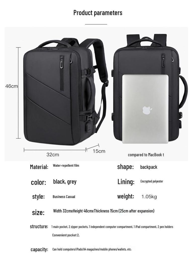 Expandable USB Business Backpack: Water-Repellent, Large Capacity, Leather Film for Men's Commute & Travel