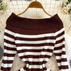 Платье-футляр с открытыми плечами Falda Sexy Mujer Slash Neck Striped Color Block Slim Knitted Bodycon Dress Autumn Wrapped Dresses ChicDresses