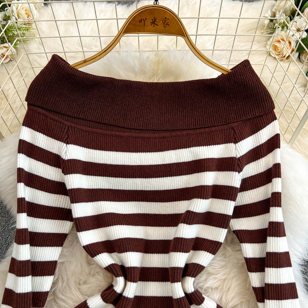 Платье-футляр с открытыми плечами Falda Sexy Mujer Slash Neck Striped Color Block Slim Knitted Bodycon Dress Autumn Wrapped Dresses ChicDresses