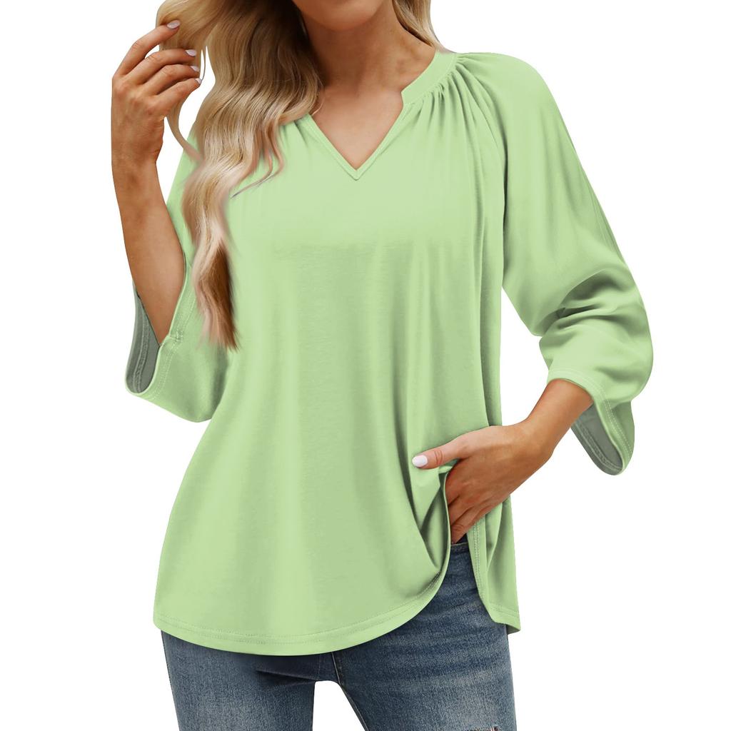 Women's Summer Casual 3/4 Sleeve T-Shirt Solid V Neck Pullover Top