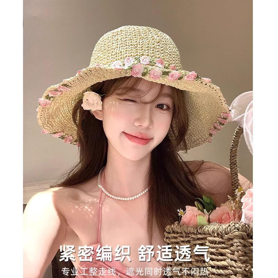 New French floral bow straw hat women's summer seaside beach vacation big eaves sunshade sun hat