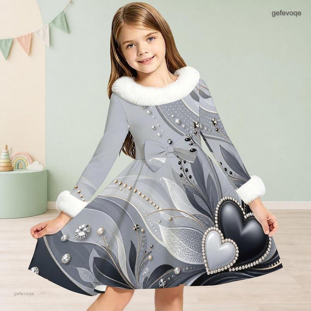 Girls High Neck Long Sleeve Black Silver Printed White Fur Trim A Line Flared Dress