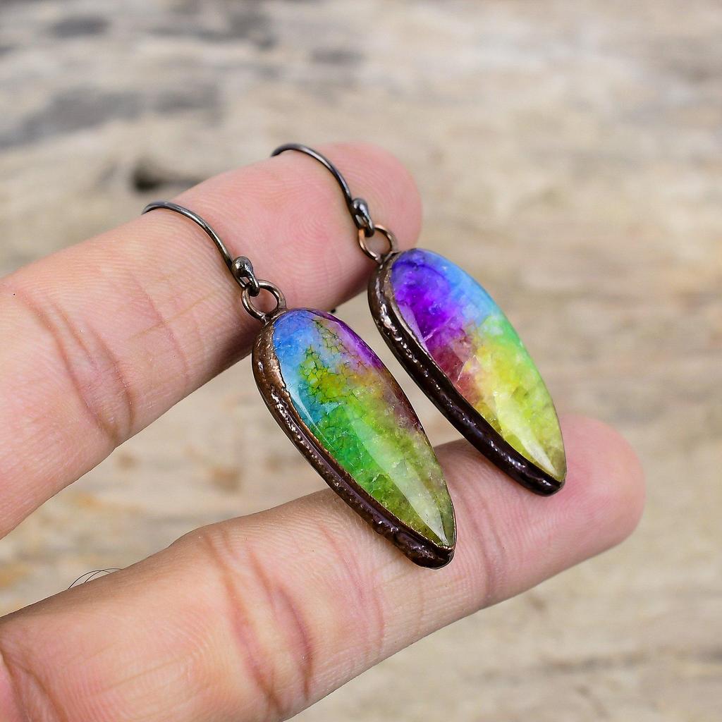 Радужные солнечные кварцевые серьги-друзы, медные серьги, полученные гальваническим способом, серьги с драгоценными камнями, серьги ручной работы, гальванические медные ювелирные изделия, подарок для нее