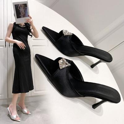 2025 лето новые остроносые босоножки на высоком каблуке со стразами и открытым носком, туфли на шпильке с одной педалью, цветные туфли на высоком каблуке, полуоблегающие женские