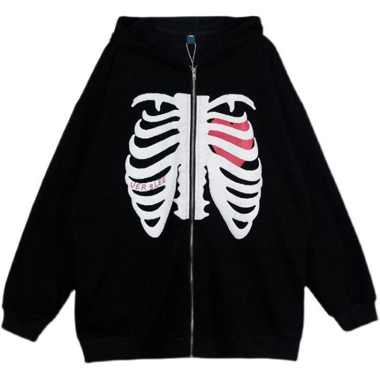Y2K Gothic Women Oversized Hoodie Skull Print Street Fashion Loose Zipper Sweatshirt Hip Hop Harajuku Trend