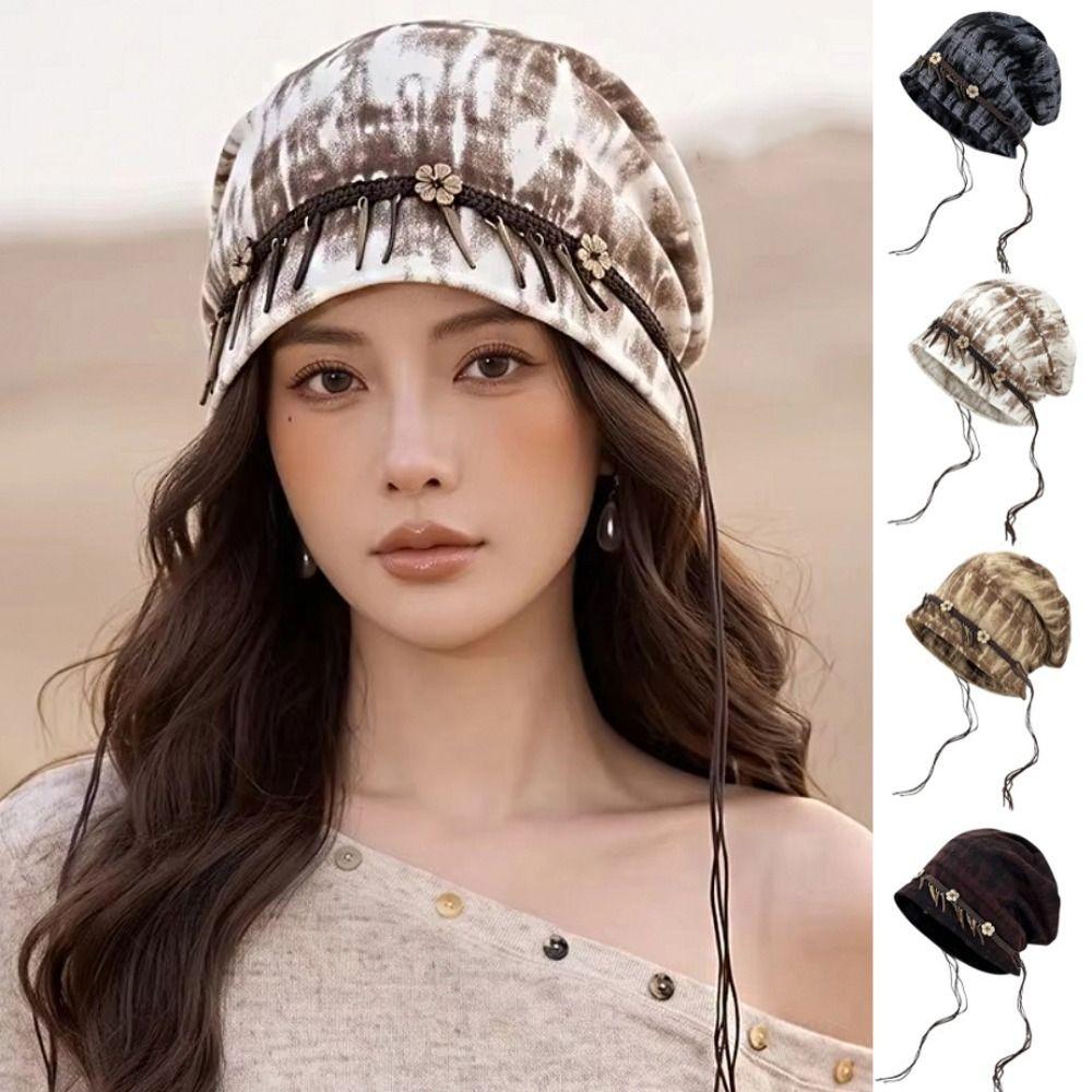 Wood Decoration Ethnic Stye Beanie Retro Vintage Pullover Hat Turban Cap Outdoor Commuting