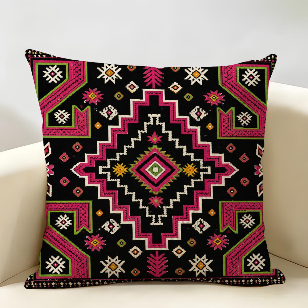 Colorful Bohemian Patterns Cushion Cover Durable Hypoallergenic Organic Linen Short Pillow Cover Washable