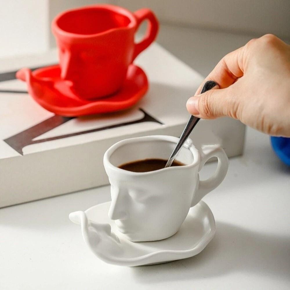 Face Shape Kissing Face Cups With Tray Coffee Cup Unique Artistic Ceramic Mug Home Use