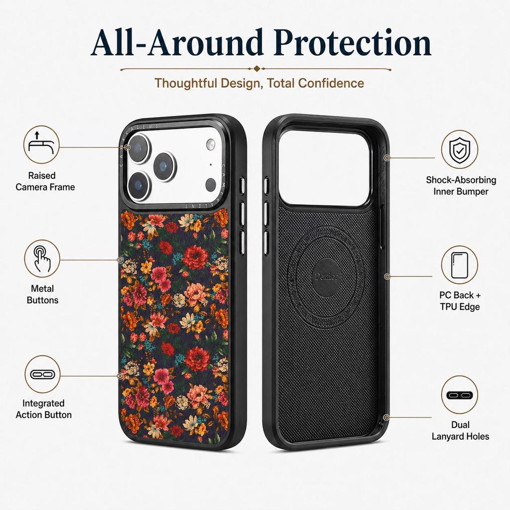 Чехол-аккумулятор Denior Floral для iPhone 17 Pro Max с магнитной зарядкой, защитой от падений и линз