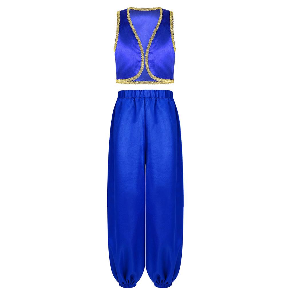 Boys Arabian Prince Costume Open Front Vest and Satin Bloomers Pants Set Halloween Theme Party Outfit