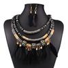 2Pcs Feather Tassel Charm Multilayer Choker Lady Statement Necklace Earrings Set