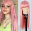 24Inch Pink Blue Orange Long Straight Wig With Bangs Synthetic Hair Wigs Bang With Wig For Woman Heat Resistant Wigs