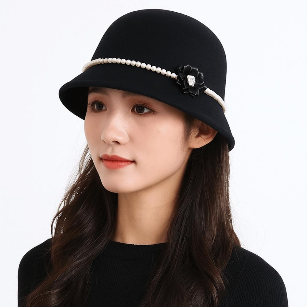 French Style Fisherman Hat Solid Color Woolen Bucket Hat Elegant Flower Topper Hat  Autumn Winter