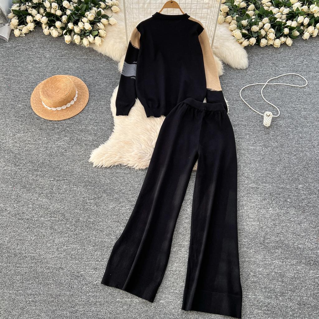 Spring Autumn Oil Painting Print Knitted Sweater Trouser Two Piece Set Women Pullover Tops and Wide Leg Pants Tracksuit