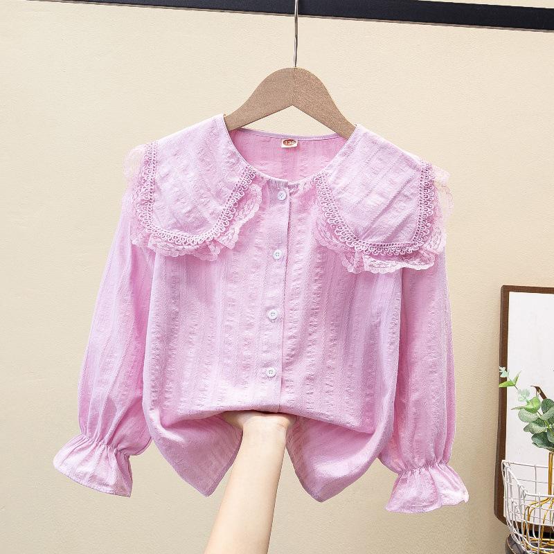 Spring 2024 Girls' White Long Sleeve Shirt with French Lace Collar