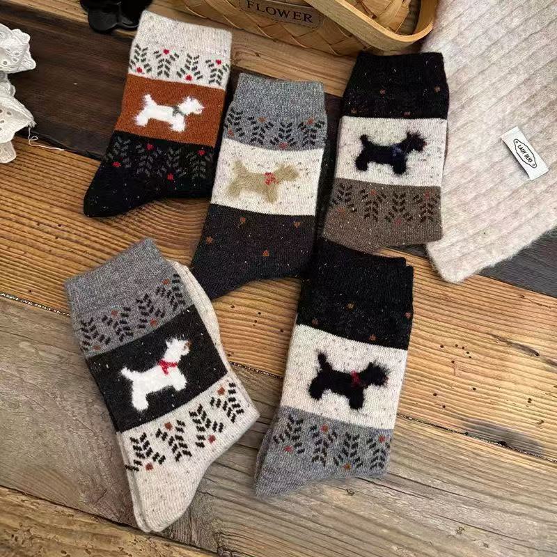 5 Pairs Dog Pattern Women Round Neck Cotton Socks Cute Fun Cartoon Printed Comfortable Sweat Absorbing Breathable Casual Socks