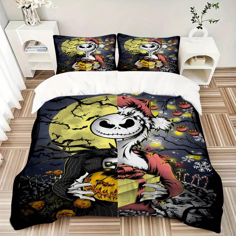 3pcs Nightmare Before Christmas Halloween Jack Printed Quilt Set, Includes 1 Quilt Cover and 2 Pillowcases, Machine Washable, Suitable for A