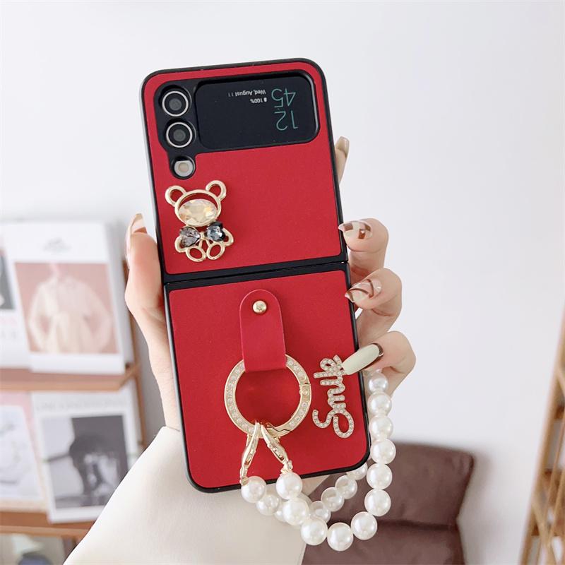 Милый чехол для телефона с кольцом на палец и жемчужной цепочкой для Samsung Galaxy Z Flip 4 3, чехлы с украшениями из мультфильма медведя для Z Flip3 Flip4 5G