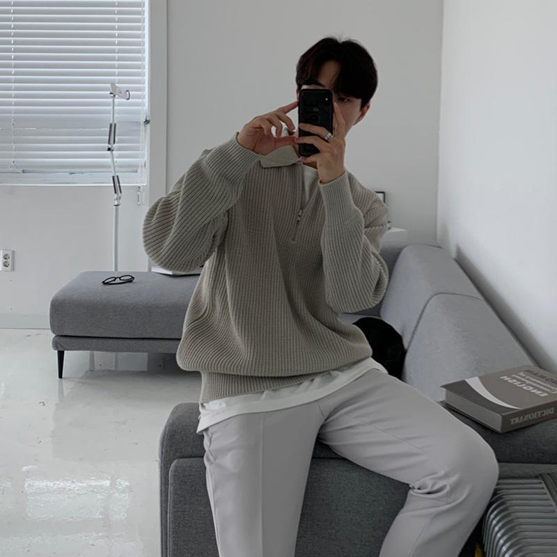 Мужской вязаный свитер с отложным воротником - Зимний свободный крой, Легкий зрелый стиль, Свитер поло