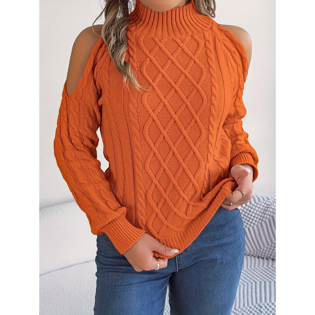 QICED Autumn and Winter Casual Twist Off-the-shoulder Semi-high Neck Long-sleeved Pullover Sweater Women's Wear