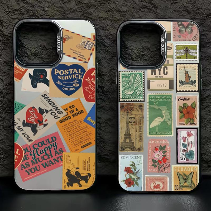 Stylish Stamp Patchwork Phone Case For Iphone 17 16 15 14 13 12 11 Pro Max Anti-Drop Phone Cover Case Funda Bumber 16 Pro