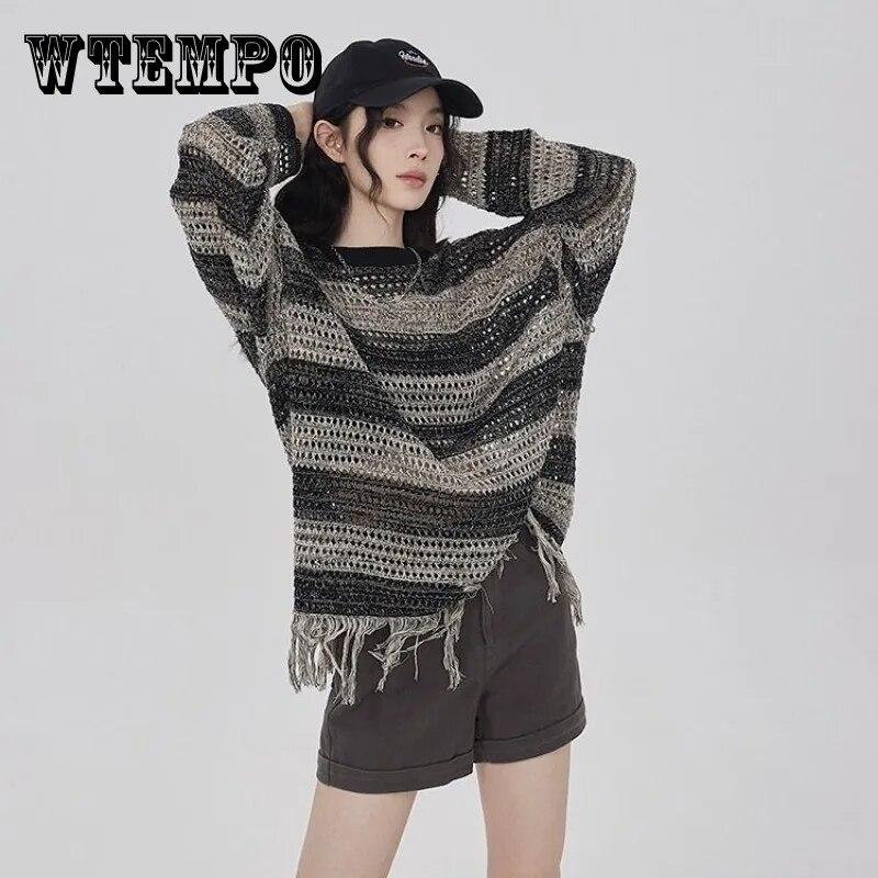 Полосатый ажурный трикотаж, женский весенне-осенний модный свитер в стиле ретро, ​​свободная повседневная блузка с длинным рукавом с кисточками и дизайном