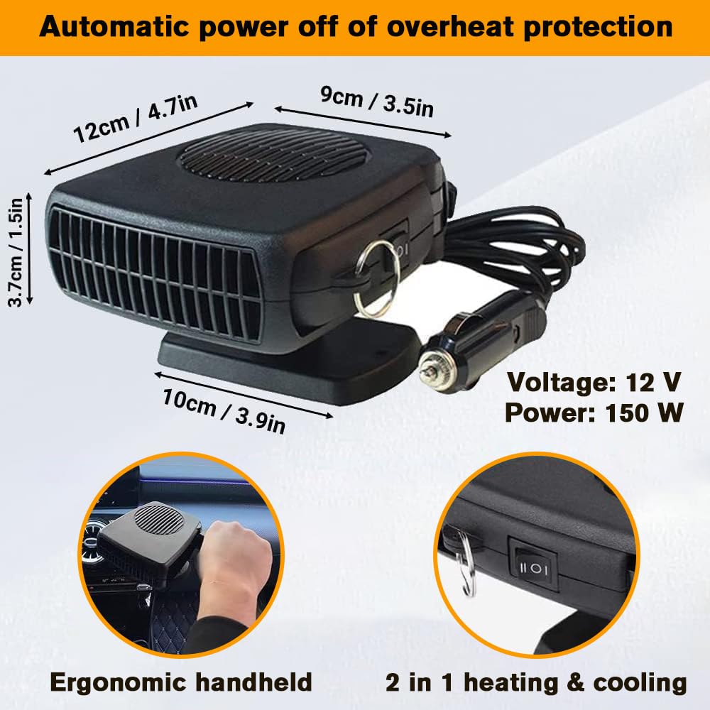2 In 1 Car Heater, 12V 150W Automobile Windscreen Fan with Fast Heating Defrost for Auto Ceramic Heater Fan