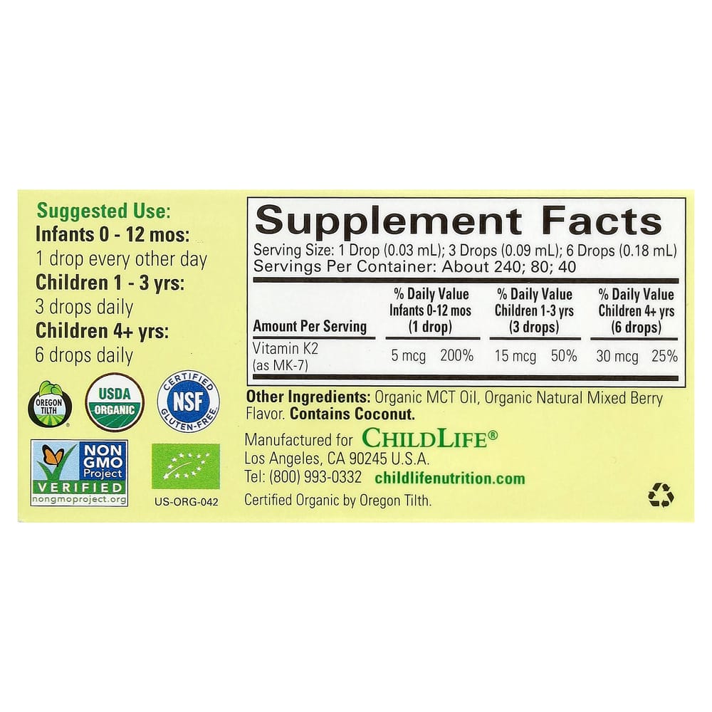 Childlife Vitamin K2 Drops, Berry Flavor, 5mcg, 7.5ml (0.25 fl oz)