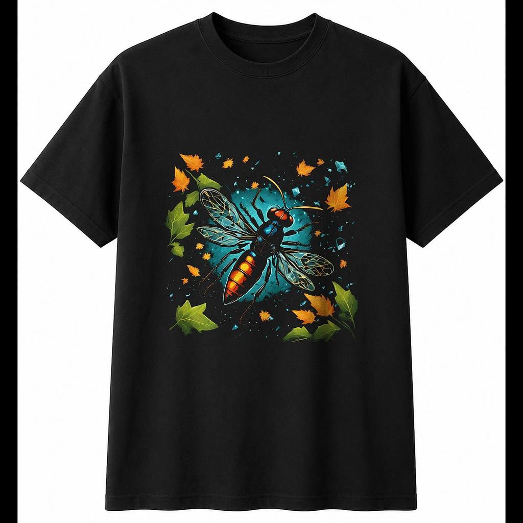 Botanical Firefly Shattered Nature Mens T-Shirt Black 100% Cotton Insect Printed