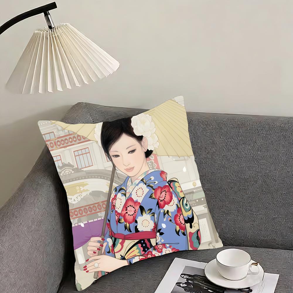 Kimono Girl Japanese Style Cushion Cover Pillowcase Ultra Soft Skin Friendly Fabric Cloud Like Comfort Concealed Zipper