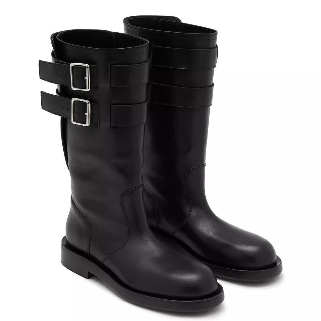 Коровья кожа Черный Красивая пряжка ремня Низкий каблук Высокий голенище Узкие ботинки-локомотивы Кожаные ботинки Круглый носок Рыцарские ботинки Женские ботинки