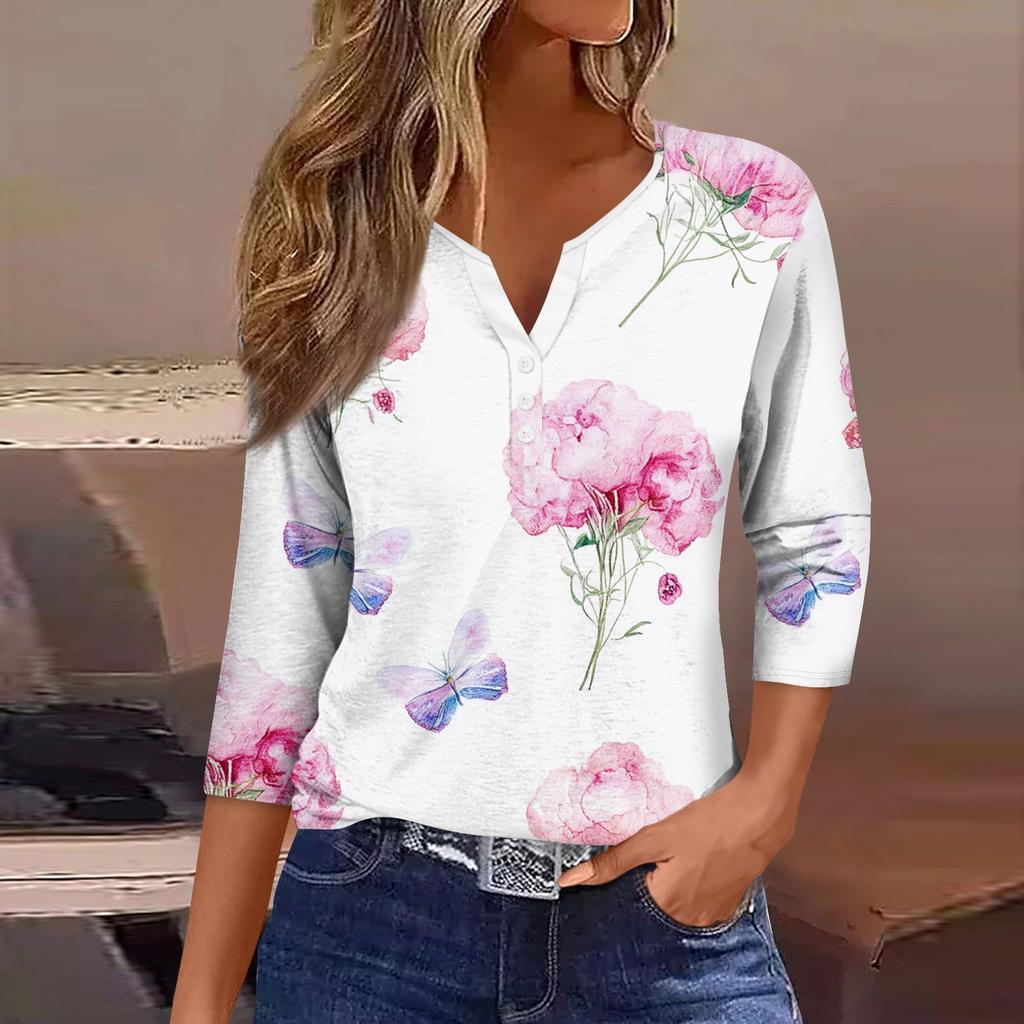 Женская модная повседневная футболка с цветочным принтом, V-образным вырезом, коротким рукавом, декоративными пуговицами и рукавом три четверти