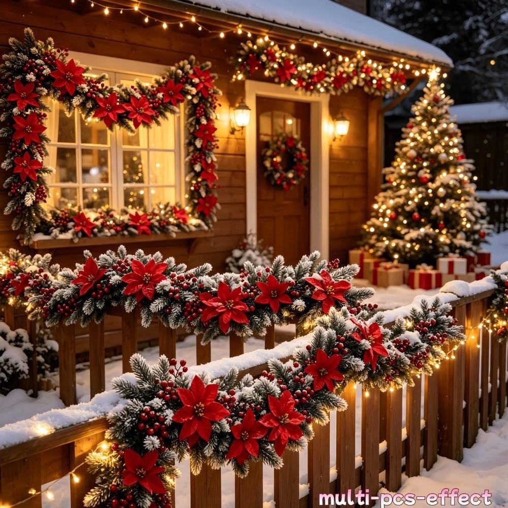 Plastic Artificial Red Berry Pine Garland Realistic White Snow Pine Garland Holiday Decor