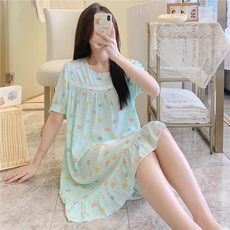 1011 new pajamas women's cotton and silk round neck loungewear thin fashion home artificial cotton and silk nightgown can be worn outside