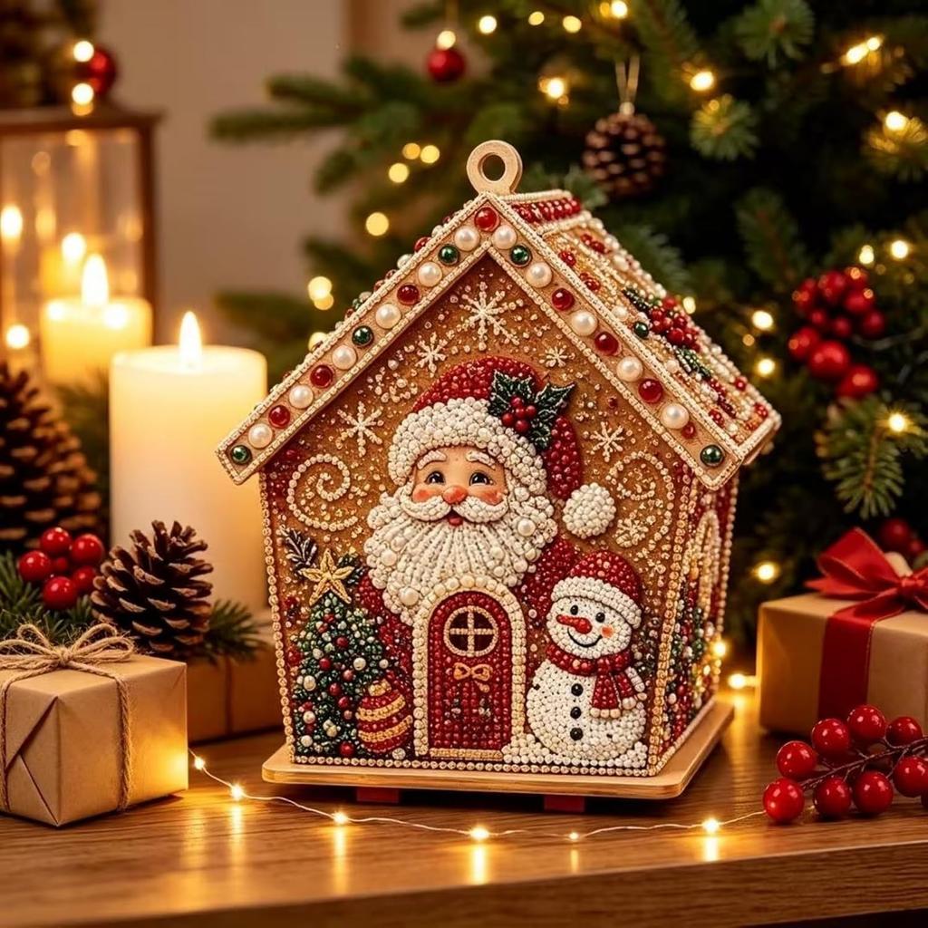 3D Christmas House Diamond Painting Kit, Wooden Pearl Art Craft, DIY 6 Wooden Panels with Pearls and Diamonds, Festive Tabletop Display, Holiday Decor