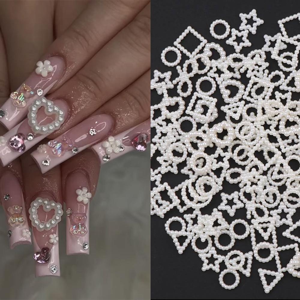 450-100 шт., полые сердечки, жемчужные подвески для дизайна ногтей, белые, розовые, фиолетовые, жемчужные, сердечки, звезды, плоские, 3D, украшения для ногтей, сделай сам, аксессуары для ногтей