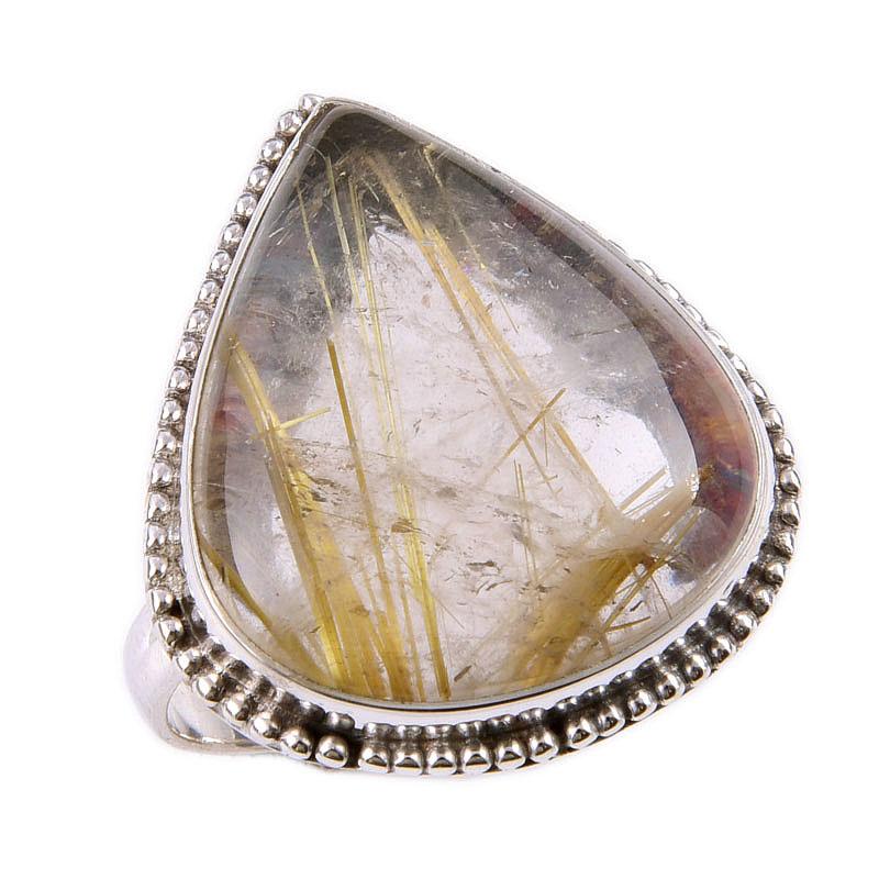 Natural Golden Rutile Gemstone 925 Solid Sterling Silver Jewelry Ring S.7 W8i40