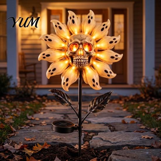 Weather Resistant Outdoor Porch Decor Solar Powered Skull Sunflower Light, Waterproof Garden Stake Holiday Gift for Lovers Halloween Yard Lawn Pathway