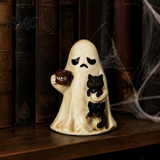 Cute Resin Ghost Figurines Halloween Figurine, Tabletop Ornament with Black Cat And Funny Statue Coffee Cup Decor for Home Office Bookshelf