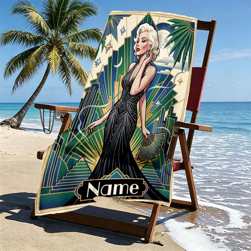 Custom Name Personalized Marilyn Monroe Print Beach Towel, for Trip Camping Beach Party Home Decor, Birthday Gift for Family & Friends