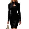 Elegant High Neck Long Sleeve Slim Fit Midi Dress Winter Office Party Wear