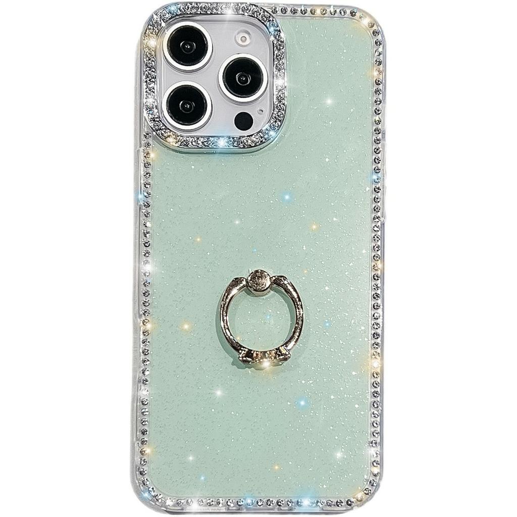 For iPhone 15 Pro Case with Ring Kickstand Rhinestone Edge TPU+PC IMD Phone Cover