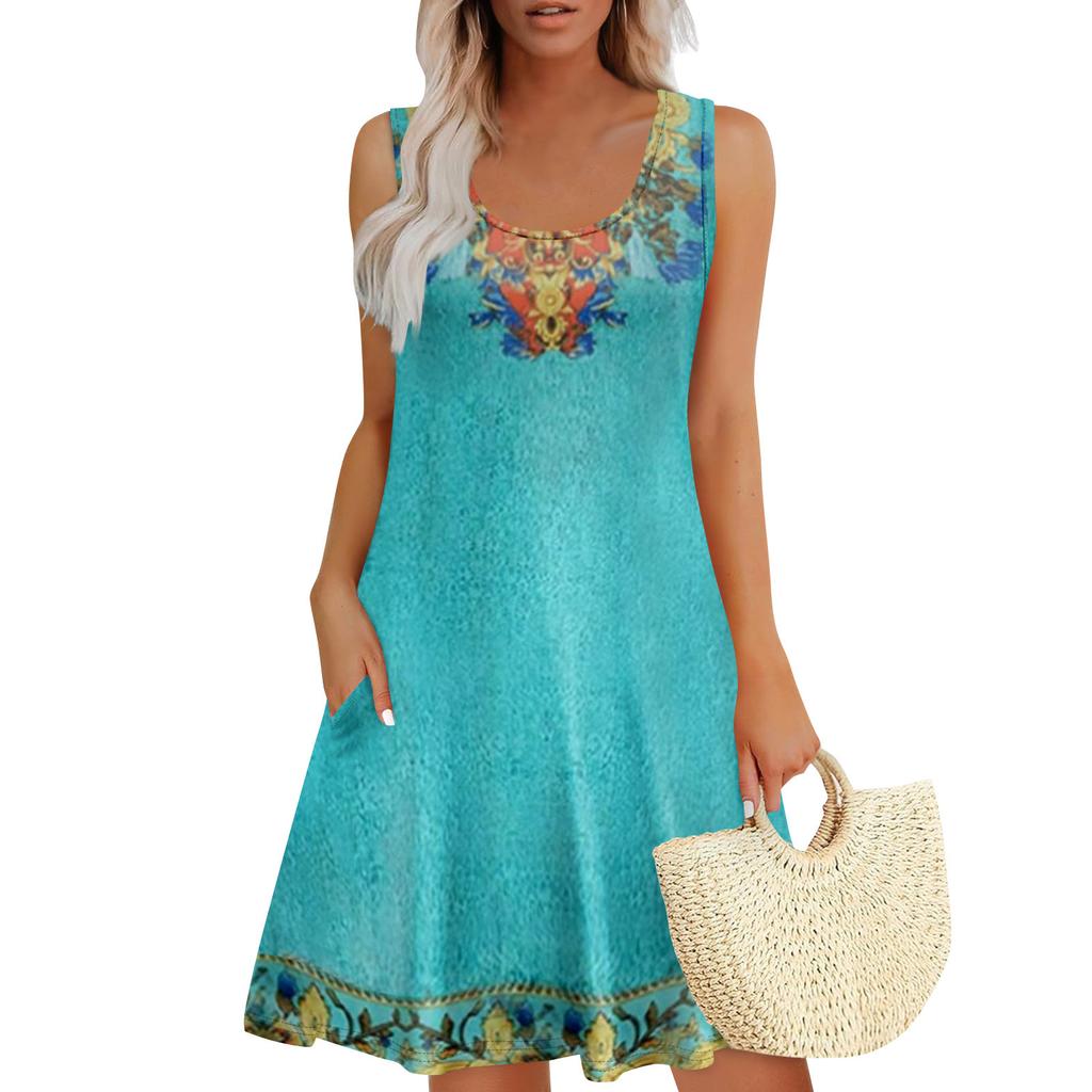 Women's Summer Casual U-shaped Tie Pocket Popular Floral Print Dress