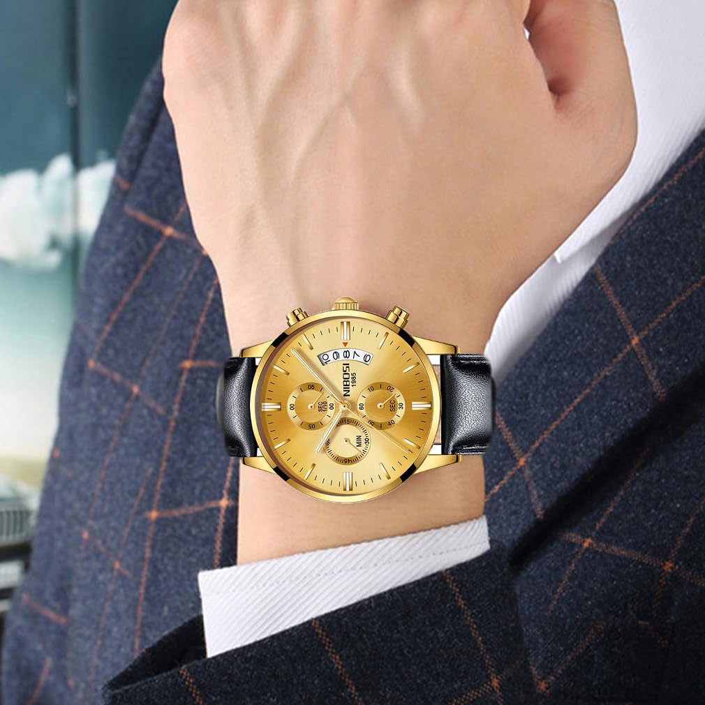 NIBOSI Men's Watch Black Leather Strap Chronograph Waterproof Brand Analog Business Wristwatch Stylish Casual Big Face Gentleman Luxury Gift Gold