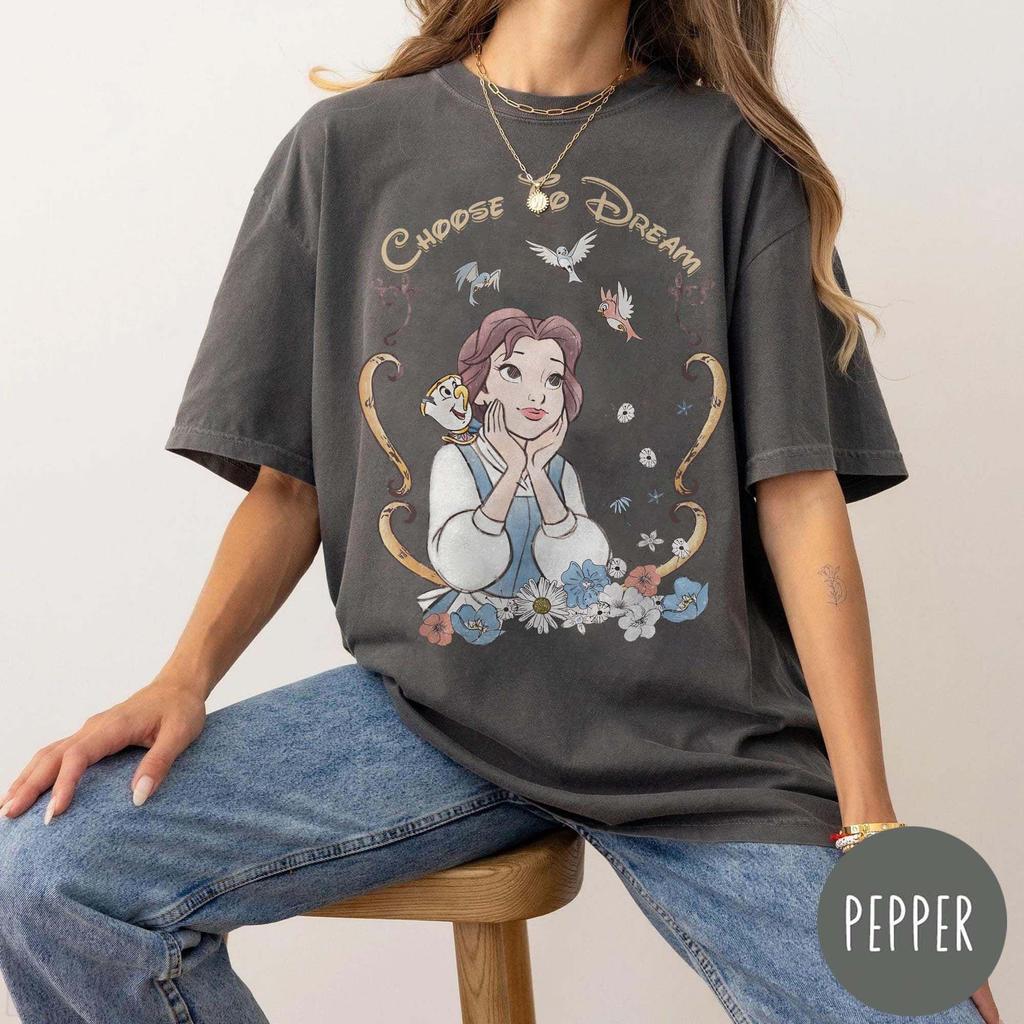 Womens Retro Princess Belle TShirt Cotton Short Sleeve Unisex Streetwear Oversized Loose Casual Stylish