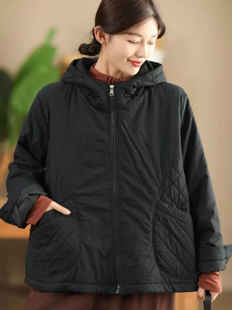 Johnature Модное повседневное пальто с капюшоном и свободной молнией, однотонное, зимнее, с длинными рукавами, в китайском стиле, сращивающееся пальто